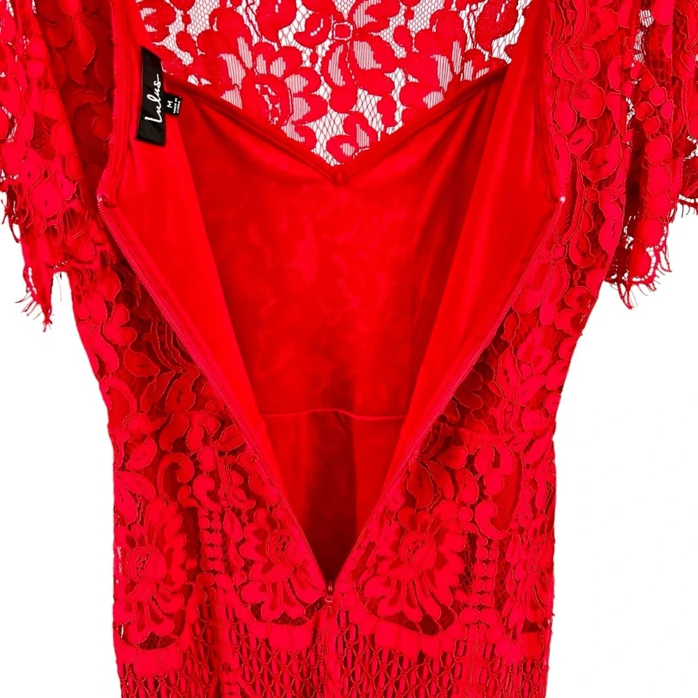 Lulus Pearson Red Lace Dress Sz M Eyelet Lace Flutter Short Dress Sleeve V Back